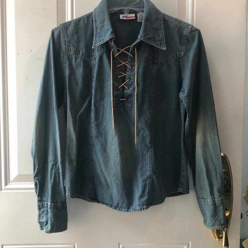 Juniors vintage blue denim lace up shirt